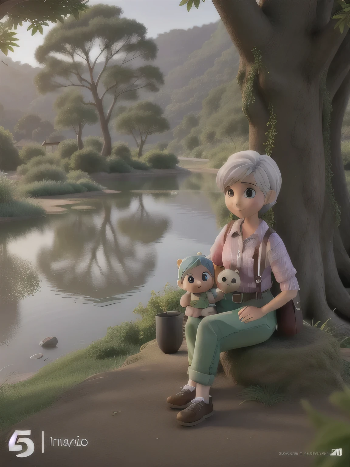 Mulher de 50 anos e cabelos brancos, bem curtos estilo Pixie cut e meio acinzentados, sitting under a tree and holding two dolls, one in each hand, in Disney Pixar style, usando uma camisa rosa, green camouflage pants, with a small lake as a backdrop and behind it a forest, alta qualidade, melhor qualidade