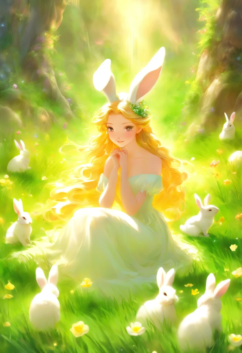 a woman in a white dress, with bunny ears, sitting on green grass, with beautiful flowers around her, colorful eggs, Easter, ethereal beauty, Galadriel, beautiful painting in fantasy style., inspired by Nene Thomas, ethereal fairytale, inspired by Edward Robert Hughes, Oil painting in fantasy style, ethereal!!!!!!!, ethereal!!!, fascinated by the spirit of nature, ethereal fantasy,