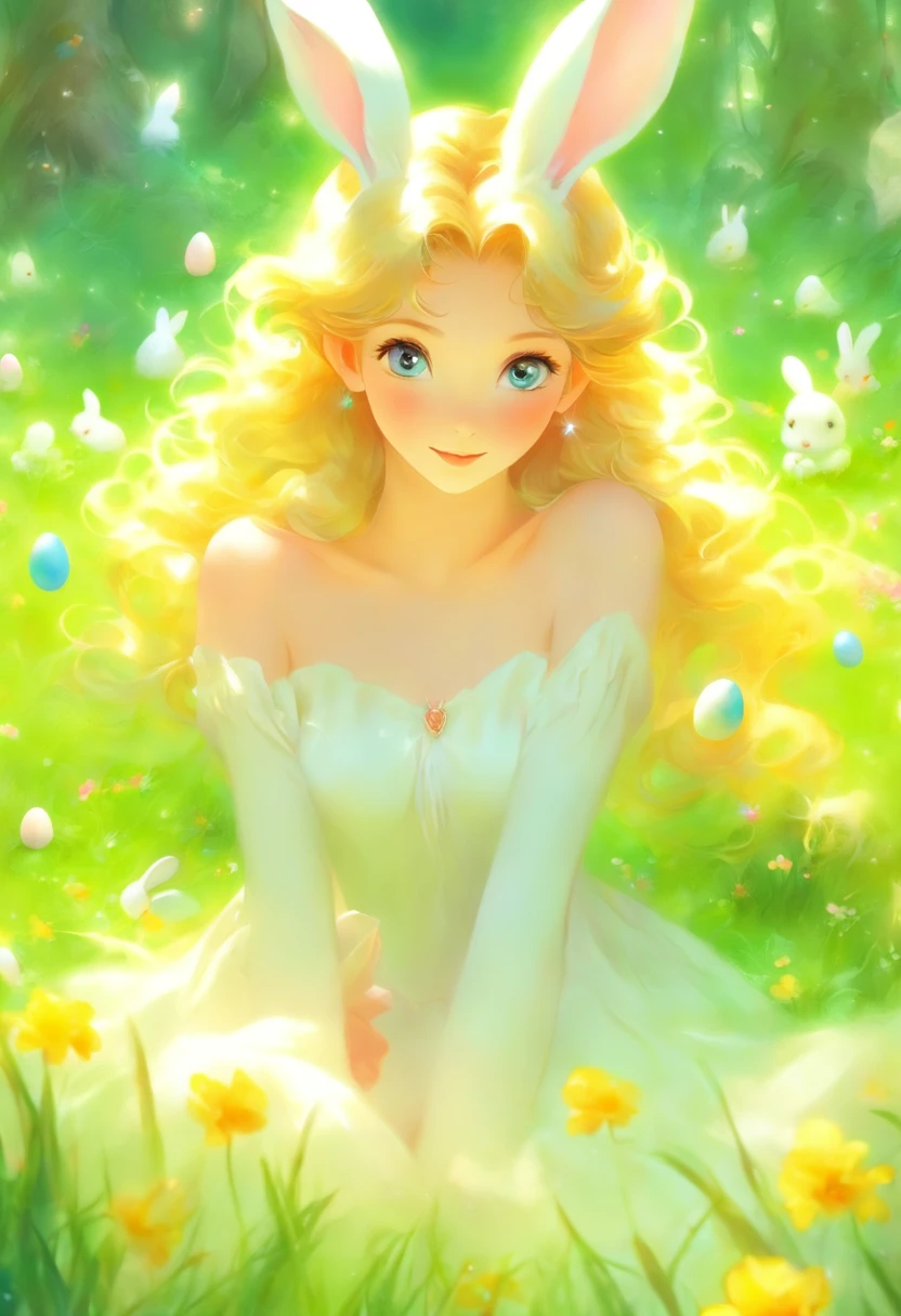 a woman in a white dress, with bunny ears, sitting on green grass, with beautiful flowers around her, colorful eggs, Easter, ethereal beauty, Galadriel, beautiful painting in fantasy style., inspired by Nene Thomas, ethereal fairytale, inspired by Edward Robert Hughes, Oil painting in fantasy style, ethereal!!!!!!!, ethereal!!!, fascinated by the spirit of nature, ethereal fantasy,