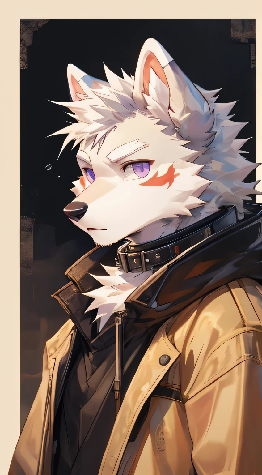 arctic fox,arctic fox,white fur,youth,Handsome,Cai Xukun'High quality fan art,clear lines,purple eyes,There is a collar around the neck,Draw only faces