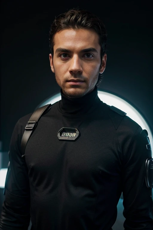 quiero un personaje hombre con una ropa futurista sentado en un lugar con fondo espacial con una mascara de oxigeno