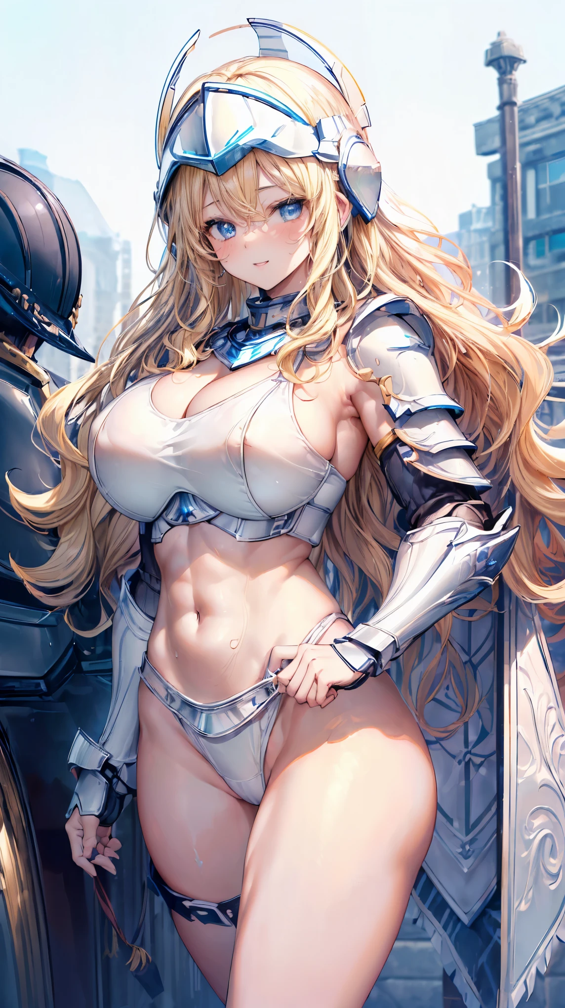 (Adult women:1.5)、Very detailed、highest quality、Best image quality、masterpiece、8k、Anime Face、A kind smile、Open your mouth、Sparkling blue eyes、(Blonde Wavy Hair:1.5)、、Muscles of the whole body、T-back thong、Thigh belt、(Wearing white bikini armor:1.5)、(Cowboy Shot:1.5)、(Leg armor:1.5)、(Wearing a helmet:1.5)