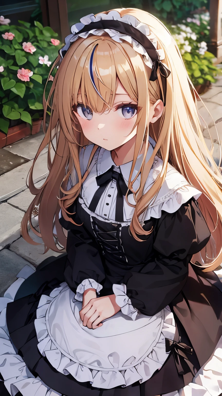 ((streaked hair, messy hair, big hair)), ((expressive hair)), lolita hairband, cinematic lighting, bust chart, first-person view, UHD, (((masterpiece, textured skin))), (super detail), high details, high quality, ((best quality)), 16k, Gothic Lolita costume, upturned eyes, cute girl, dress with frills, in the flower garden, from above