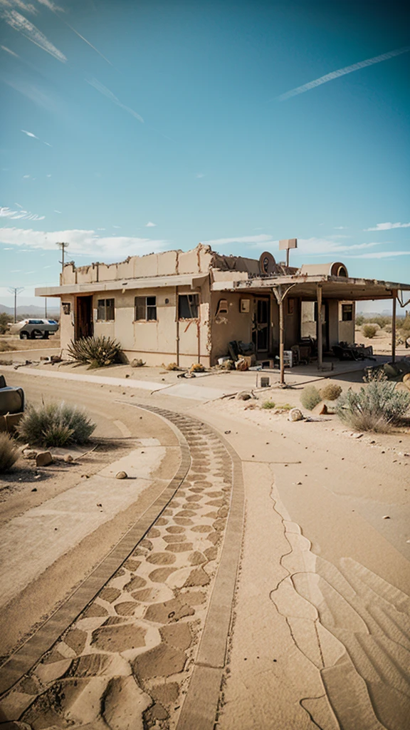 A desert post atomic with a ruined motel plated, fallout style
