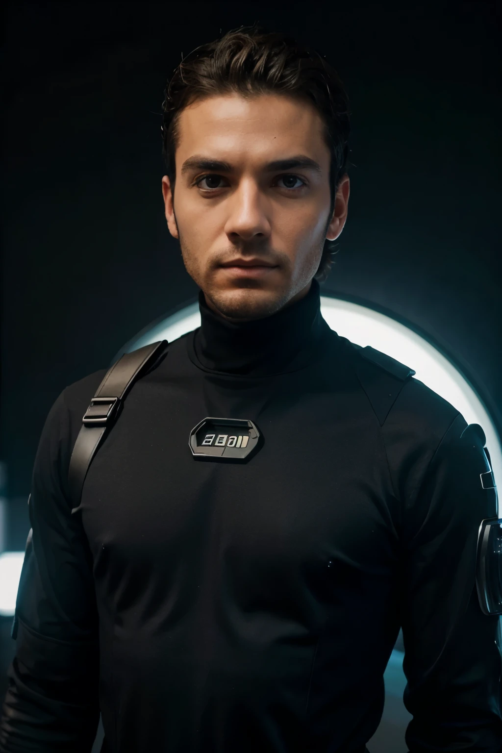 quiero un personaje hombre con una ropa futurista sentado en un lugar con fondo espacial con una mascara de oxigeno