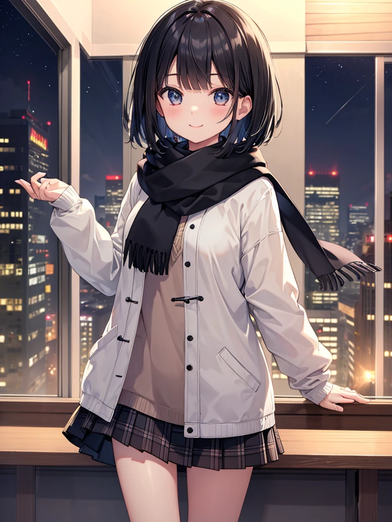 masterpiece、highest quality、High resolution、Very detailed、Medium wide shot、Girl、Black Hair、Bob、Bobcut、high school student、、Scarf、smile、Watching the audience、Are standing、night、winter、It's snowing、Sleepy eyes、Confused eyes、