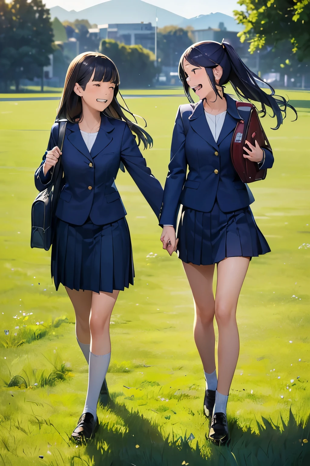 ((best quality)), ((masterpiece)), ((detailed)), (((perfect face))), (((14yo girls in navy blue suit, skirts))), (((laughing:1.4))), (((grass field))), (((walking))), (((looking at each other))), (((school bags)))