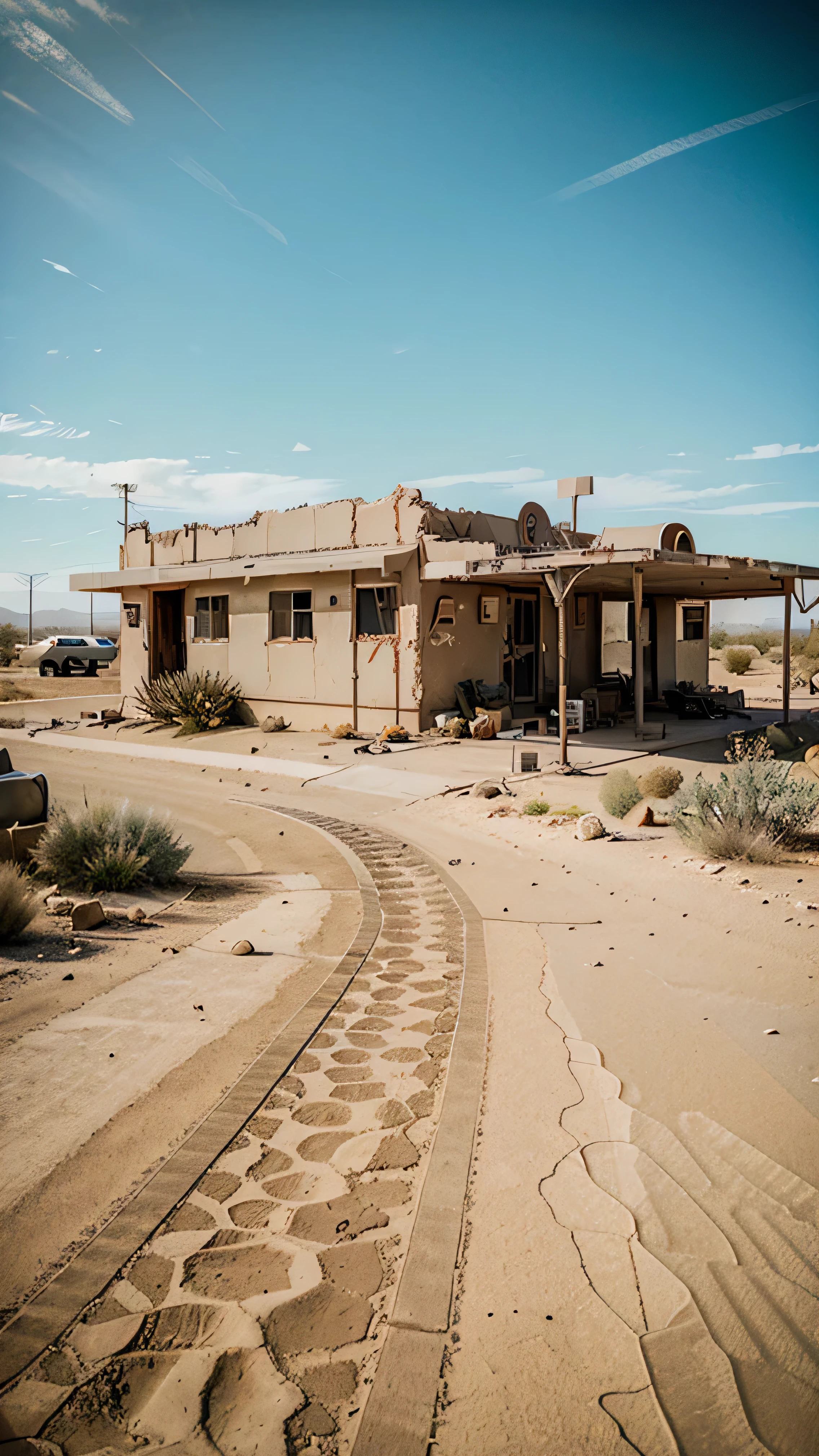 A desert post atomic with a ruined motel plated, fallout style
