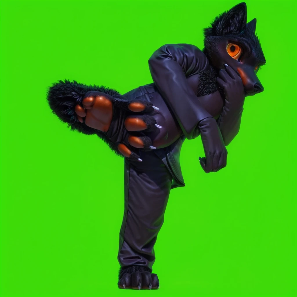 Black anthro wolf, standing with one feet, kicking air, doing a kick fight pose, wearing black leather jacket (detailed hd muscular black fur chest exposed, detailed hd muscular black fur stomach exposed) (perfect detailed shiny light and shadow on chlotes), wearing black leather modern future pants (perfect detailed shiny light and shadow kn pants), right hand on the front chest (finger unwrapped) (detailed black fur hand), left hand close to face (hand covering mouth) (finger unwrapped) (detailed black fur hand), head tilted to right (detailed big orange eyes with red predatory pupil), detailed serious head face expression, detailed hd right feet close to camera, detailed feet paws, hd quality, 4k quality, perfect light, perfect shadow, detailed feet paws close up, detailed white nails, detailed white claws