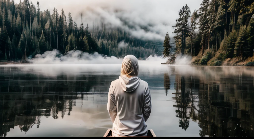 woman with a long white dress, hood, blonde hair sticking out over her shoulders, arms and open palms facing the viewer, she is on a boat on a calm lake, mists around her, ancient trees hidden in the mists