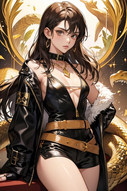  "Viper" outfit consists of a cropped, gold and brown snakeskin jacket with 2 belts around the hem, split, zippered cuffs, and a fur-lined collar over a dark brown bikini top. Anna also wears black leather short shorts that are laced up at the sides and have an undone, gold zipper over a visible black thong, as well as black sandal heels with gold hexagonal buckles at the outer side of each, black leather gloves with gold studs at the knuckles, matching small black straps around her wrists, brown sunglasses with gold, snake shaped temples, and 2 gold necklaces. In this outfit, Anna has a rose and thorn tattoo spanning from her left hip to her left upper thigh. SPARKLE; GLITTER