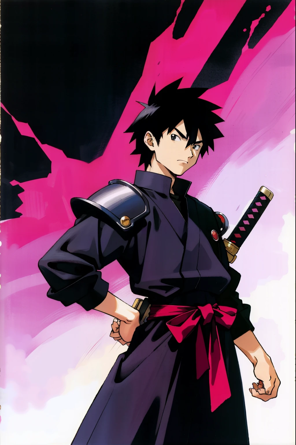 by Ken Sugimori, sugimori 1990s, ((only 1man)), samurai, full plate armor, breastplate, sword, demon samurai mask, full face covered, samurai kabuto, ((hands behind their back)), full black pupils, manga, best quality, highly detailed, clean lines, cowboy shot, good hands, good eyes, hd, 8k, professional, symmetrical, hires, 8k,