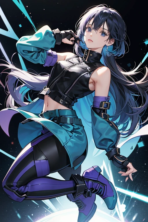 She wears a light blue, high-collared, sleeveless zip-up jumpsuit with black side paneling and a black swallow design on the back, which is unzipped down to her torso, showing a blue crop top underneath. The jumpsuit is adorned with a black, two-pronged belt with green stars. With this, Asuka wears black, blue, and purple armored boots with three green stars around the cuff over dark blue and light blue ribbed, striped socks. She also wears elbow-length armored blue, light blue, and gray gauntlets with puffy, black banded, white cuffs above her white fingerless gloves. Over these gauntlets are blue knuckle guards and elbow guards, and she also wears leg guards over her boots. In Dark Resurrection, this color scheme is changed to red and black. The blue version of this outfit became Asuka's primary outfit throughout the series.  SPARKLE; GLITTER
