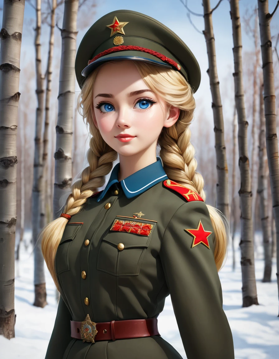 1 girl, One, Soviet Military Uniform, dynamic pose, Best quality, high quality, a high resolution, masterpiece, looking away, face away from the viewer, source_аниме BREAK 1girl, One,Soviet Military Uniform, soviet cap, belt, blonde, hair braided, long braid, emotions, skirt, Blue eyes, worth the will of the birches