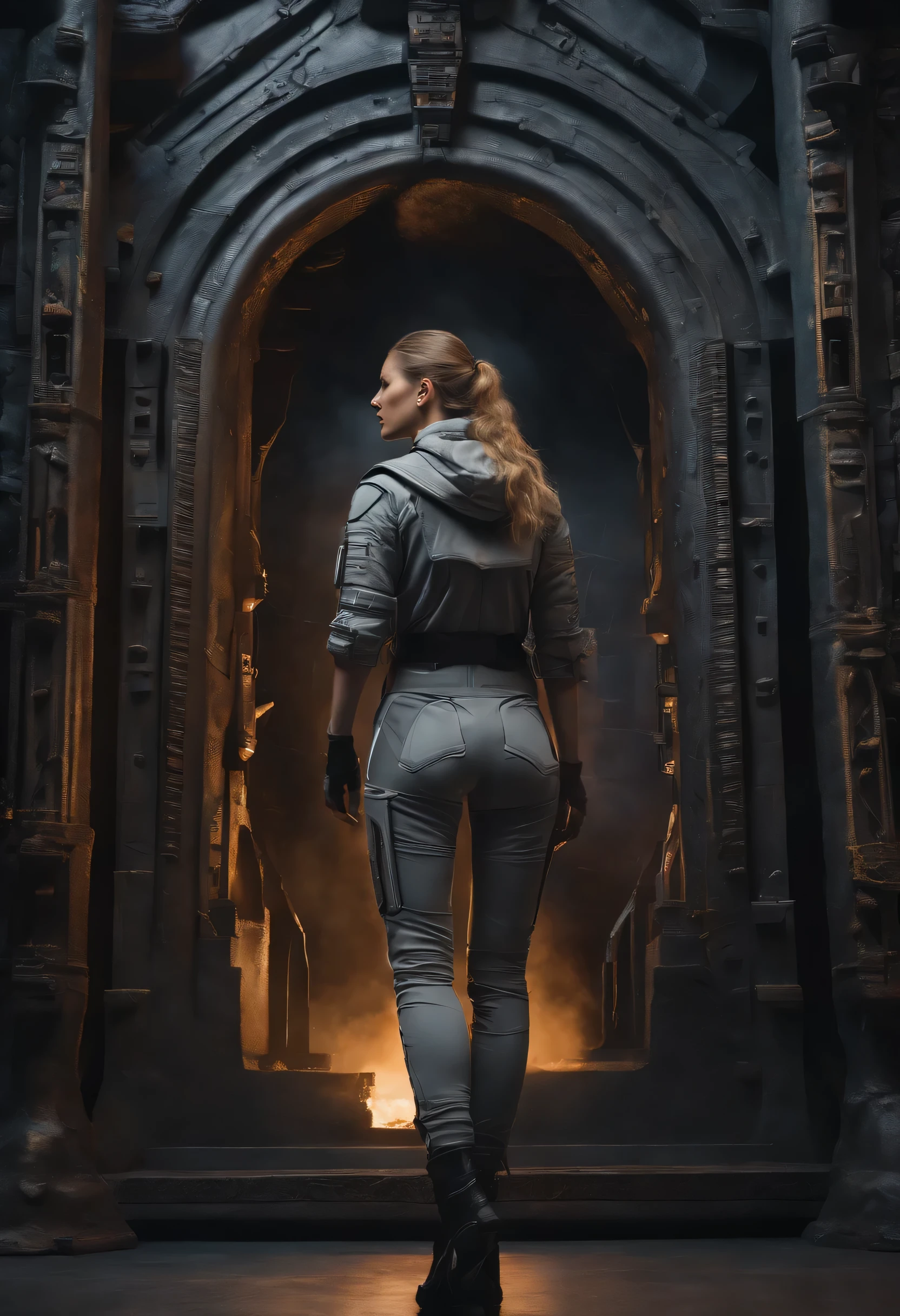 beautiful German woman coming out of an ultra advanced stargate, she wears gray German style overalls, star portal with Wolfestein style technology, portal with bright white energy, she is in the dungeon of a German castle, Ultra detailed, hyper realistic, 4k, Ultra detailed image , realistic, Highly detailed, perfect composition, splendid, Intricately detailed, Incredibly detailed, 8k art photography, hyper detailed, Masterpiece, Ultra detailed, hyper realistic, 4k, ultra detailed image, realistic, highly detailed, perfect composition, splendid, intricately detailed , incredibly detailed, photography 8k artistic, hyper detailed, masterpiece