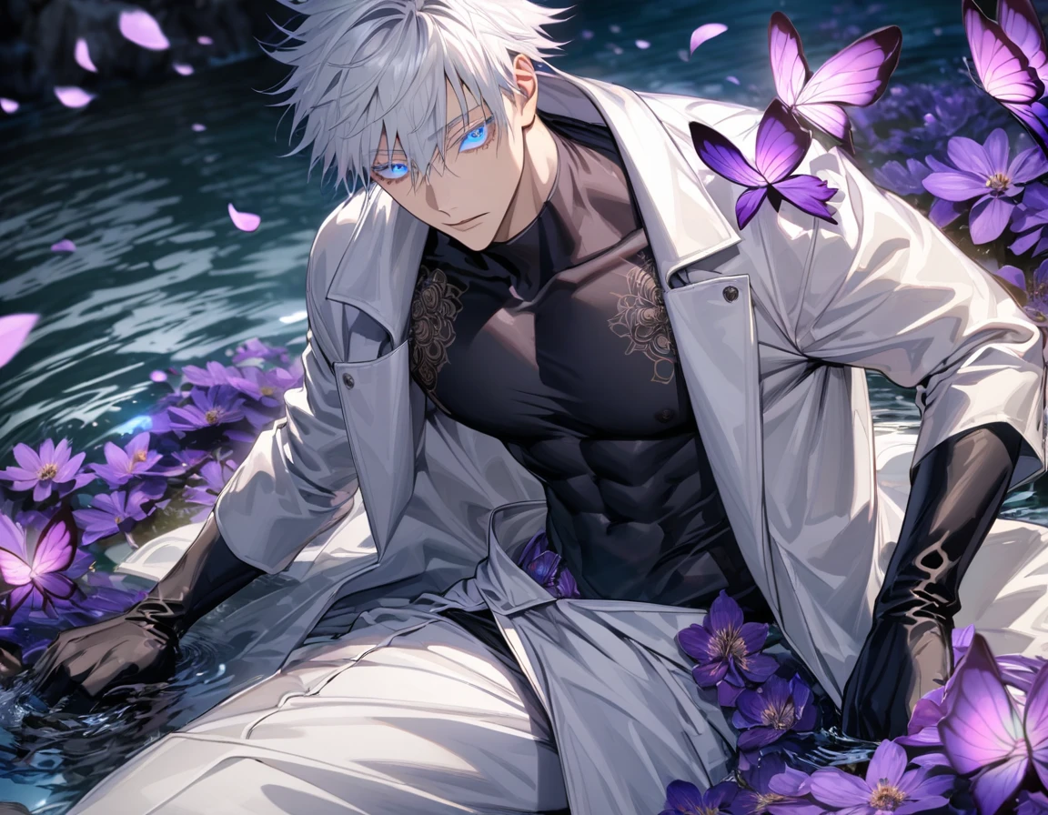 Ultra detailed, Highres, absurdres, HDR, Gojou Satoru, white hair with bangs, hair between the eyes, blue eyes, white eyelashes, white long coat with patterns, Jujutsu Kaisen, purple flowers, petals, handsome, sexy man, toned chest, solo, very detailed eyes and face, black gloves, water, purple butterflies, black tight t-shirt,