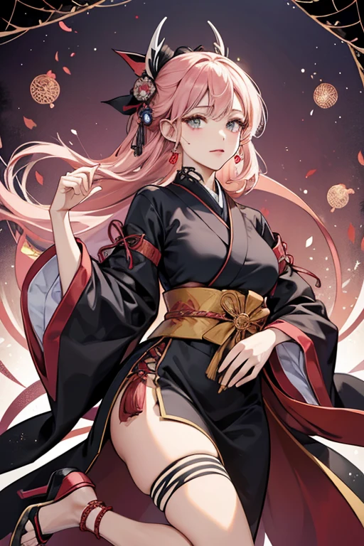 outfit has her wearing a black traditional Japanese dress with a spider web design which she wears half of its sleeves, she also has bandages on her neck and chest to cover her breasts, a dark pink obi which is tucked into her dress and a black laced ribbon tied at the side of her dress and red sandals. She also has a tattoo on her left leg with a word 通天閣 (Tsutenkaku) written on her inner thigh. SPARKLE; GLITTER