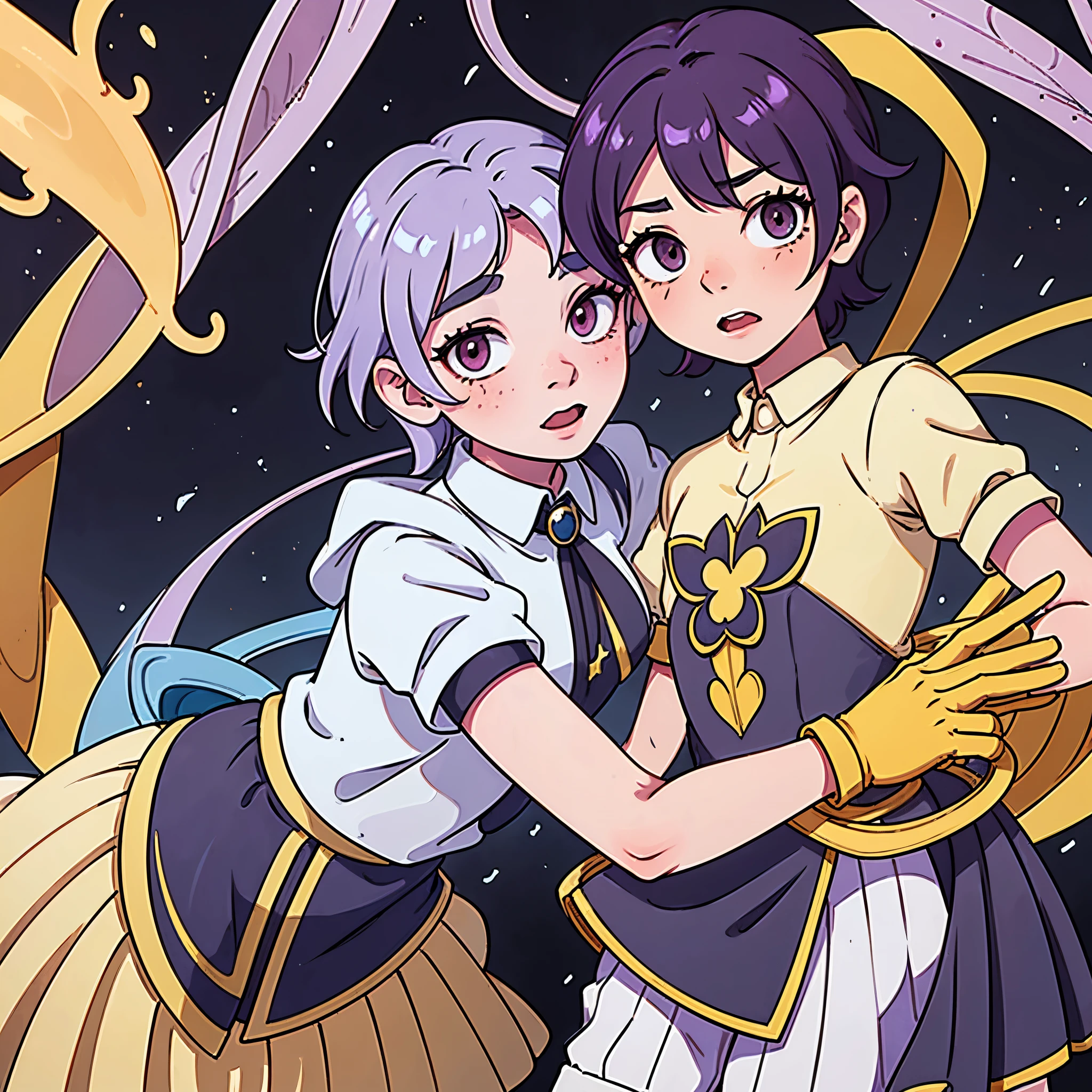 a spider boy with the yellow and blue suit like the uniform of the Argentine Boca Jr team without a mask and pink eyes hugging a spider girl with purple hair and eyes with freckles on her face