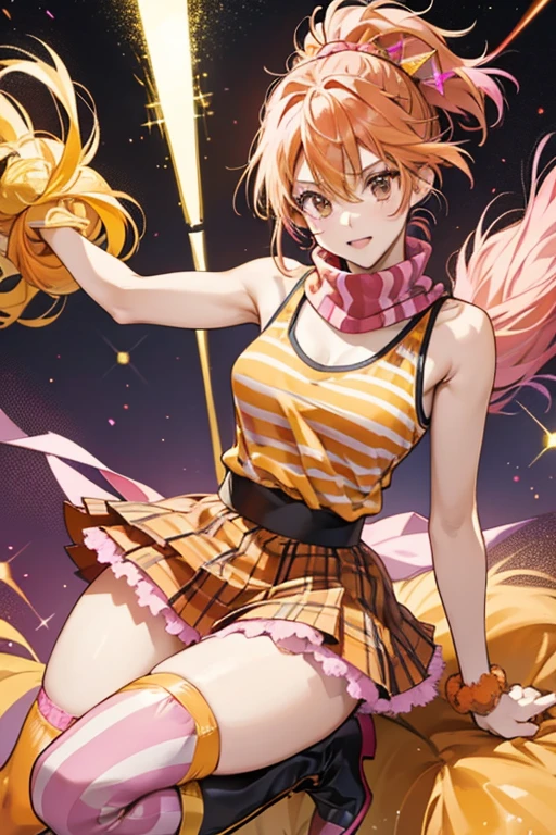 Asuka wears a lacy edged pink tank top under a vibrant yellow, fuzzy sleeveless tunic with orange "v"-shaped stripes with a red tartan short skirt over bright nylon orange stockings and black knee-high, shiny pointy toed boots. She also wears a fluffy, light orange scarf with oversized poms which hang down by her thighs. SPARKLE; GLITTER