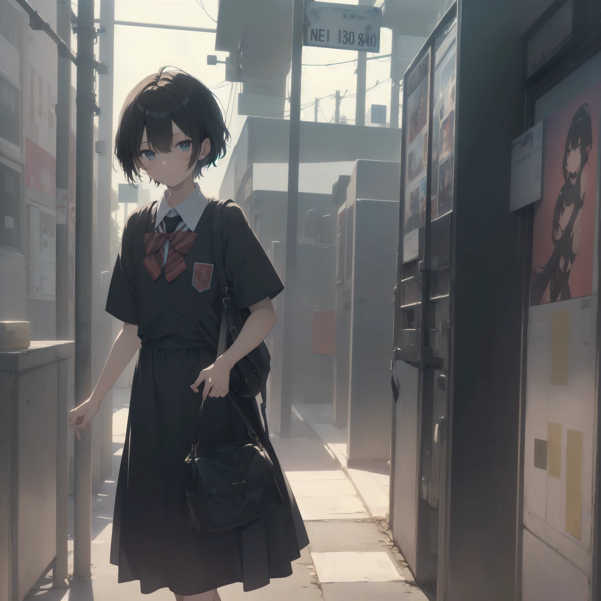 ultra-absurdres-Top quality by artist God, ultra-detailed, high resolution, anime moe artstyle, best anime 8k konachan wallpaper, pixiv contest winner, pool:2810, perfect anatomy,break, 1girl, (Please draw a girl walking sleepily to school alone. )break,(Solo,little female, :1.3),Full limbs, complete fingers,a junior high school student, (very short hair), short cut, flat chest, , small butt, smallck eyes, beautiful detailed eyes, well-proportioned iris and pupils, expressive eyes, highres detailed hair, soft expression, school_uniform, bowtie, collared shirt. pleated skirt,(Detailed Lighting), (Detailed background), in the School commute route. break,super detailed skin, Best cinematic lighting powered by famous artist, 8k,beauty illustration,photoshop_(medium),very aesthetic,break,((artist:tianliang_duohe_fangdongye )), artist:bolze ,artist:oyari ashito ,artist:kantoku ,