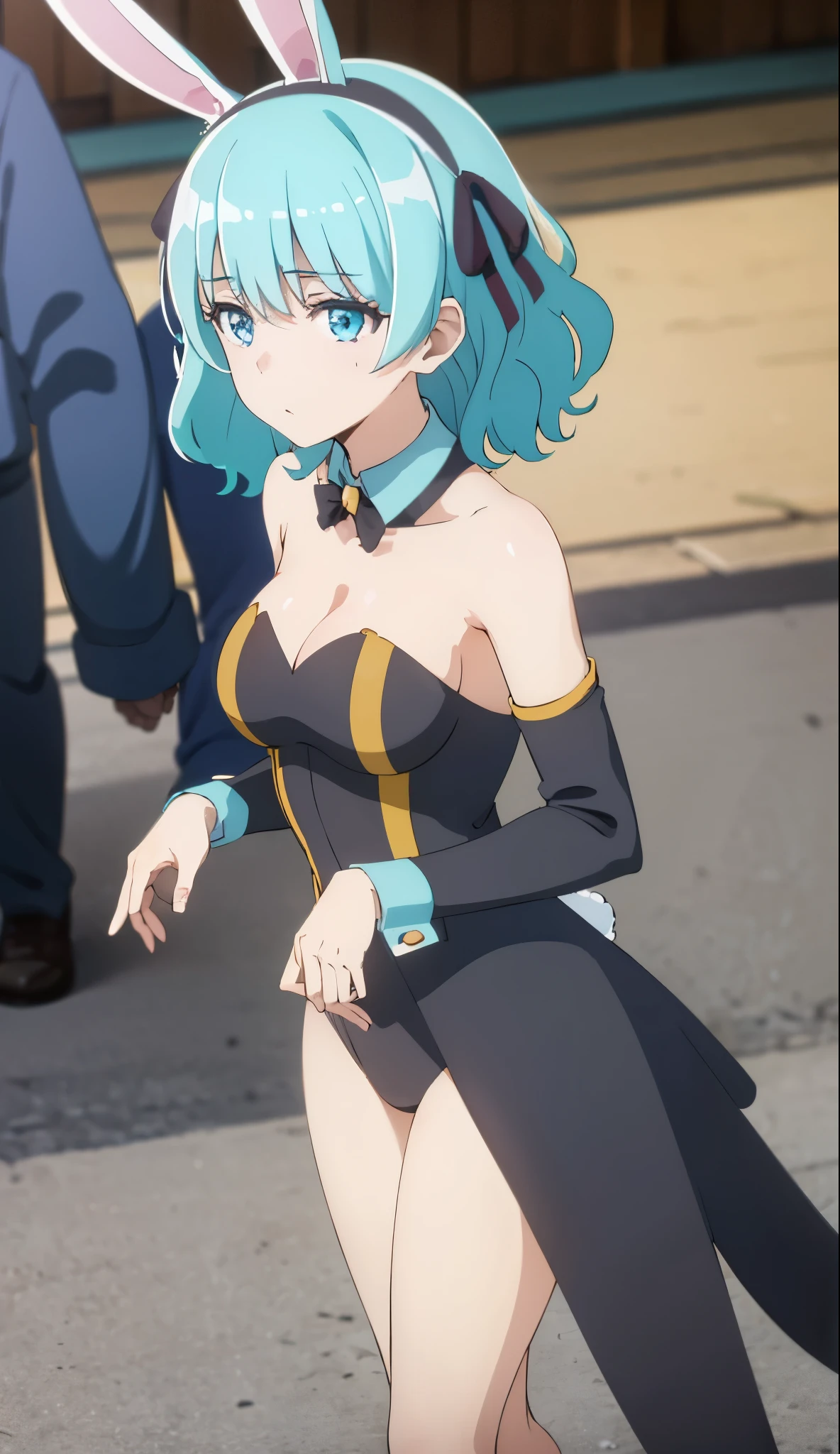 1Girl, solo,aqua hair, medium hair, blue eyes,(((black bunny suit,clavage,bare shoulders,black bunny ears))),short hair