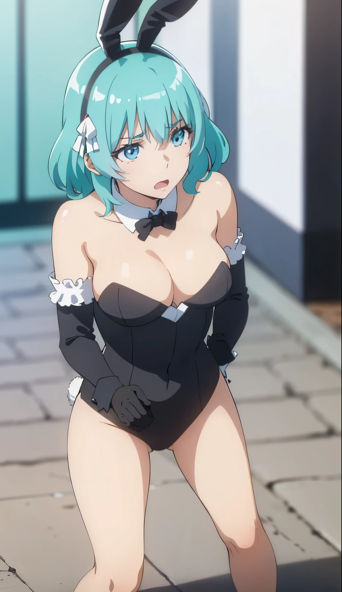 1Girl, solo,aqua hair, medium hair, blue eyes,(((black bunny suit,clavage,bare shoulders,black bunny ears))),short hair