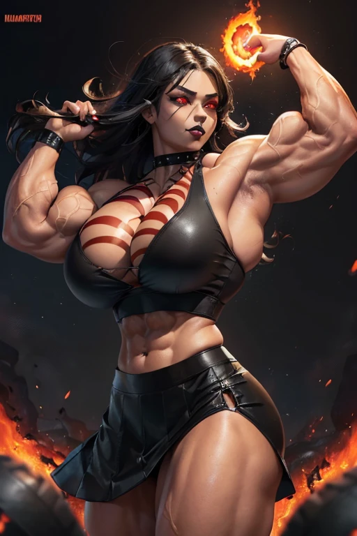 ((((Massive, beautiful, buff, light brown skinned, muscular woman with black hair, black lipstick, glowing red eyes, ginormous bulky muscles, and wearing a black leather sports bra with loose skirt)))), close view, massive muscles, massive biceps, hyper muscle triceps, (straight long hair), orange eyes, (studded wristband), (loose skirt), high heels boots, (in a sea of black flames), surrounded by black fire, night, smirk, hyper muscles arms, hyper muscle legs, massive arms.