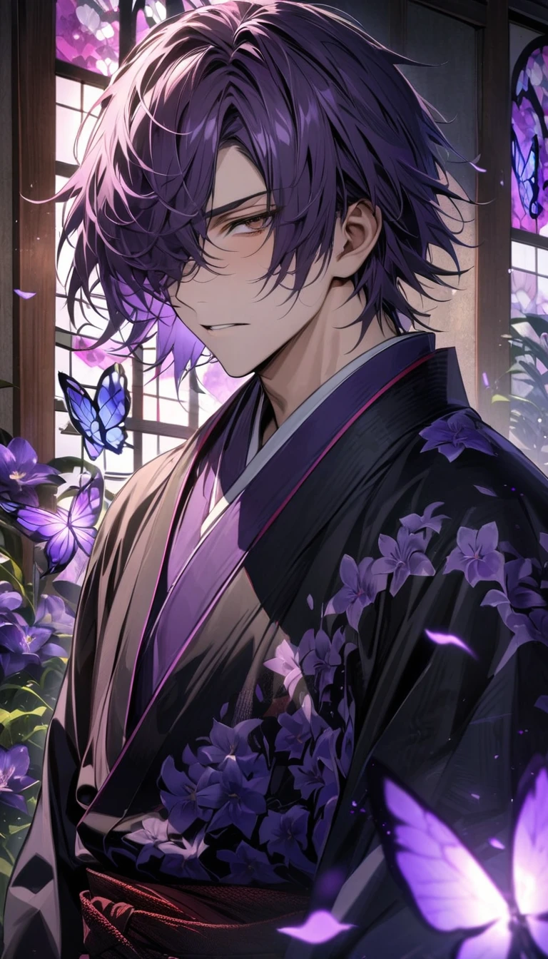 absurdres, highres, ultra detailed, HDR, master piece, best quality, Takasugi Shinsuke, dark purple hair, expressive brown eyes, hair over his right eye, Gintama, solo, man, handsome, kimono, glass stained window, purple shining butterflies, purple lilies, purple petals
