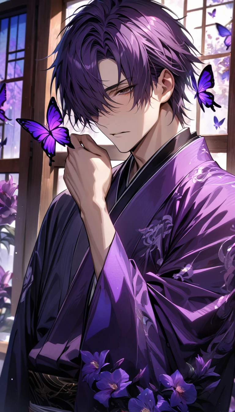 absurdres, highres, ultra detailed, HDR, master piece, best quality, Takasugi Shinsuke, dark purple hair, expressive brown eyes, hair over his right eye, Gintama, solo, man, handsome, kimono, glass stained window, purple shining butterflies, purple lilies, purple petals