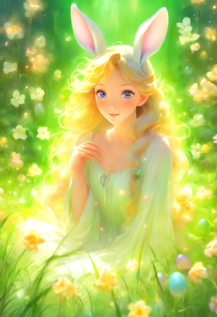 a woman in a white dress, with bunny ears, sitting on green grass, with beautiful flowers around her, colorful eggs, Easter, ethereal beauty, Galadriel, beautiful painting in fantasy style., inspired by Nene Thomas, ethereal fairytale, inspired by Edward Robert Hughes, Oil painting in fantasy style, ethereal!!!!!!!, ethereal!!!, fascinated by the spirit of nature, ethereal fantasy,