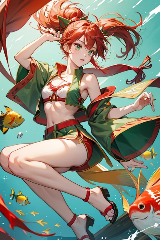 Asuka wears a green traditional festival vest with red cords attached on her vest, with a strapless red bra underneath, white sarashi shorts and red and black knee-high open toed sandals. It also has different colors to customize this outfit in either both flower or fish outfits. SPARKLE; GLITTER