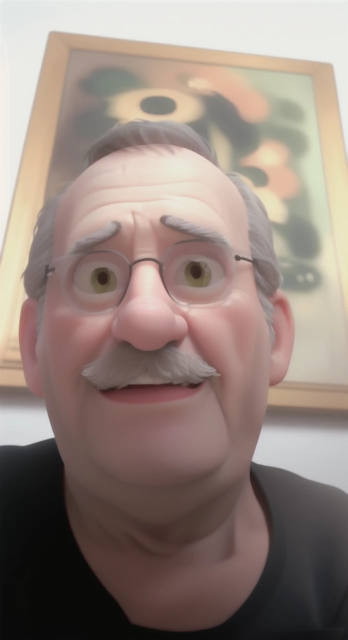 Create a Disney Pixar avatar of a friendly seventy-year-old man with big green eyes and short gray hair or a short gray mustache. ,with a black t-shirt doing live in front of the camera, estilo  