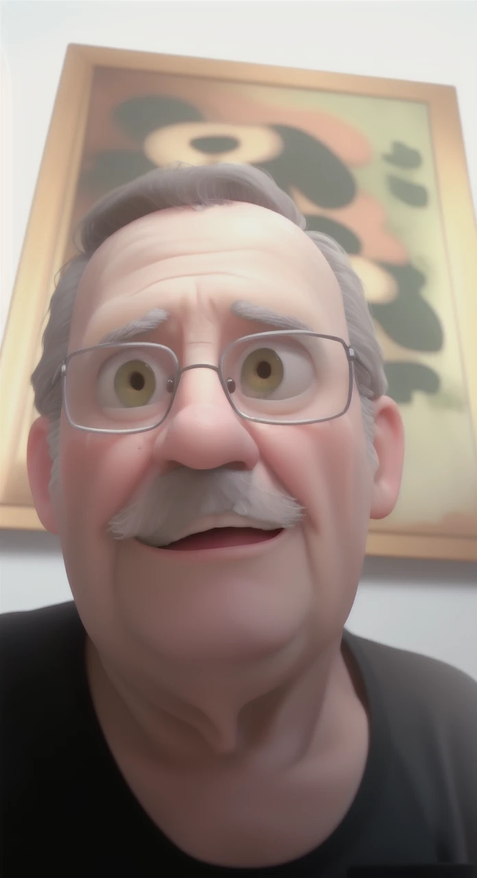 Create a Disney Pixar avatar of a friendly seventy-year-old man with big green eyes and short gray hair or a short gray mustache. ,with a black t-shirt doing live in front of the camera, estilo  