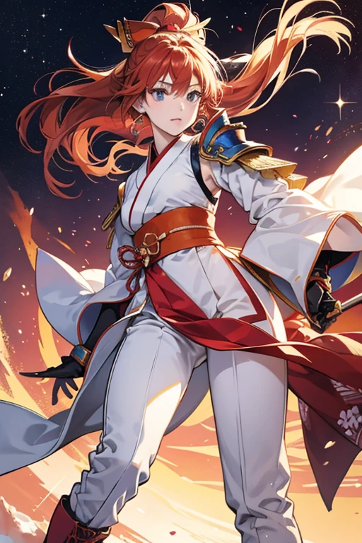 Asuka wears a traditional Japanese top with the sleeves only on the left, traditional pants and boots. She also wears matching gauntlets and shoulder pads. SPARKLE; GLITTER