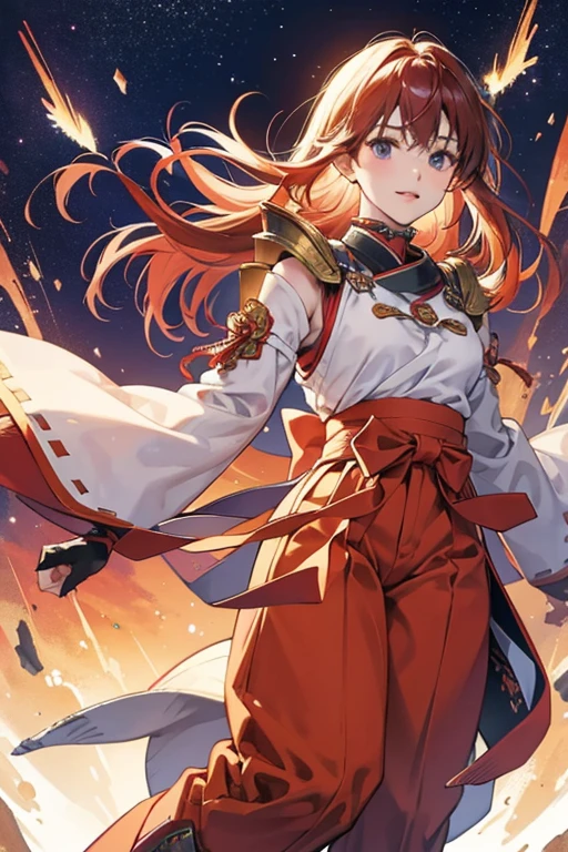 Asuka wears a traditional Japanese top with the sleeves only on the left, traditional pants and boots. She also wears matching gauntlets and shoulder pads. SPARKLE; GLITTER