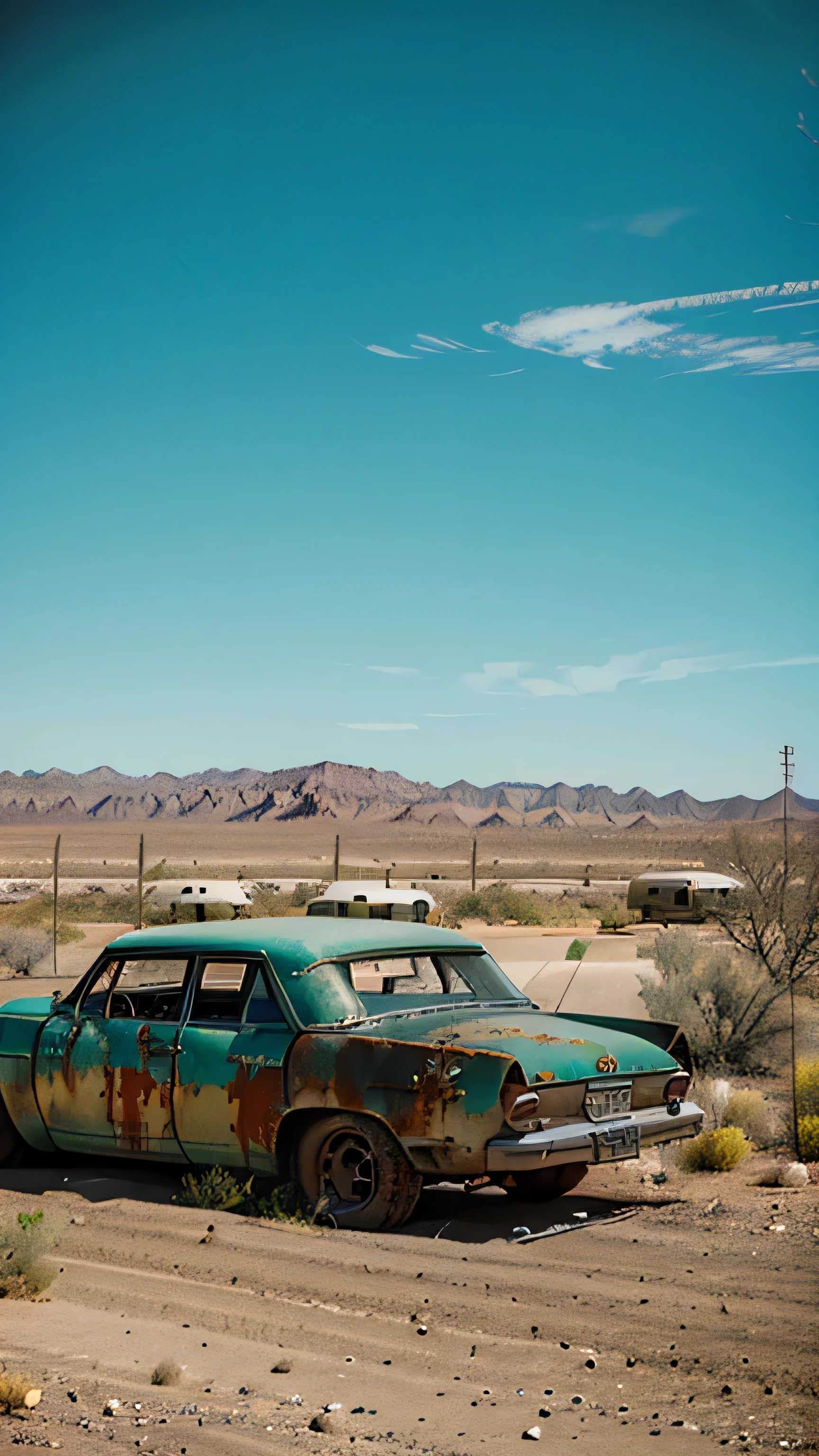 A desert post atomic with a ruined motel plated, fallout style 