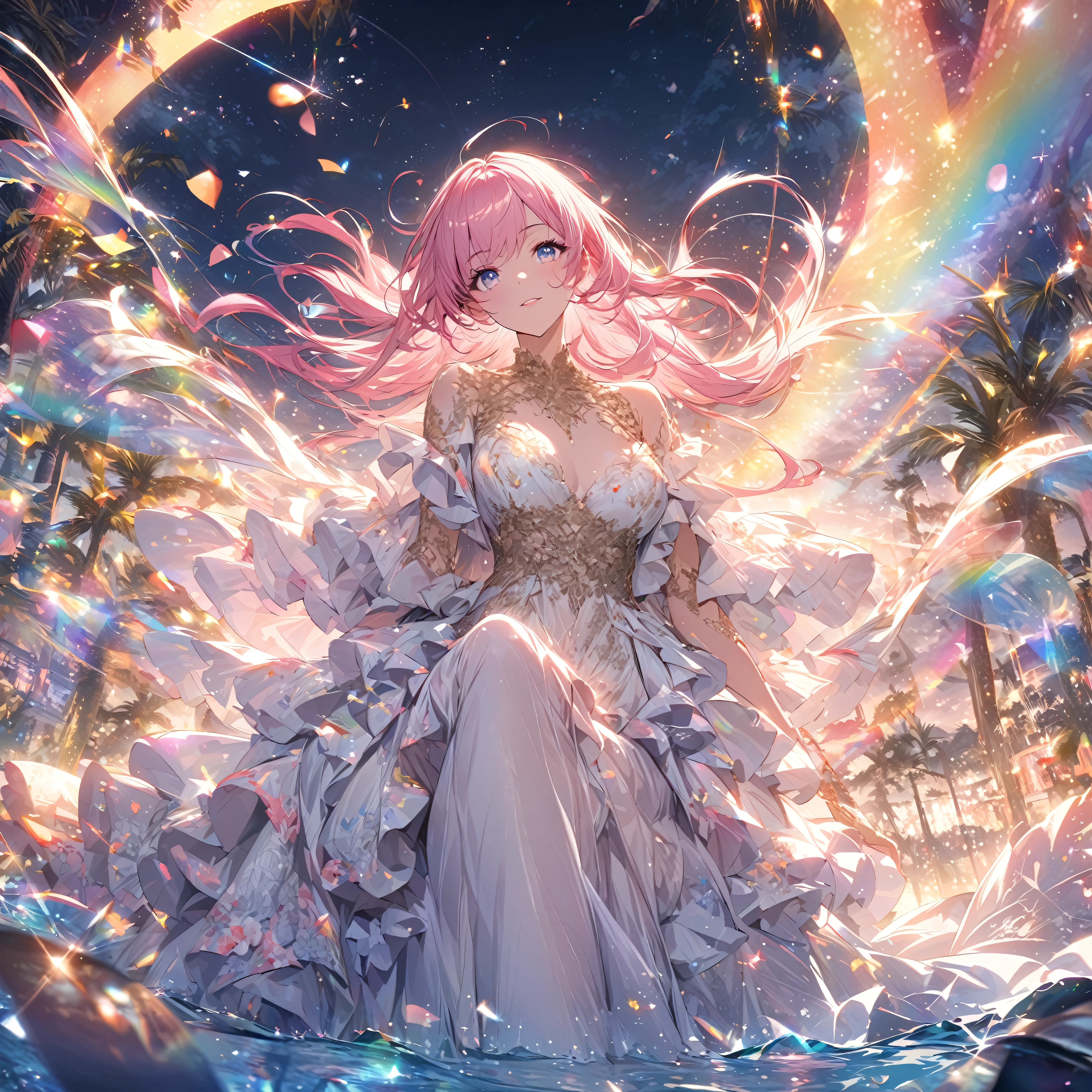 ``A beautiful woman with long pink hair and beautiful eyes wearing an elegant and detailed hawaiian dress.The dress must have intricate designs and patterns to give it a luxurious and luxurious feel.In the background , the image should depict a romantic Hawaiian beach at night with light reflecting off the water and an illuminated bridge across the scene, emphasizing the sparkling effects and rainbows throughout the image. Enhance your look and add special ruffles to your dress to make it stand out.”