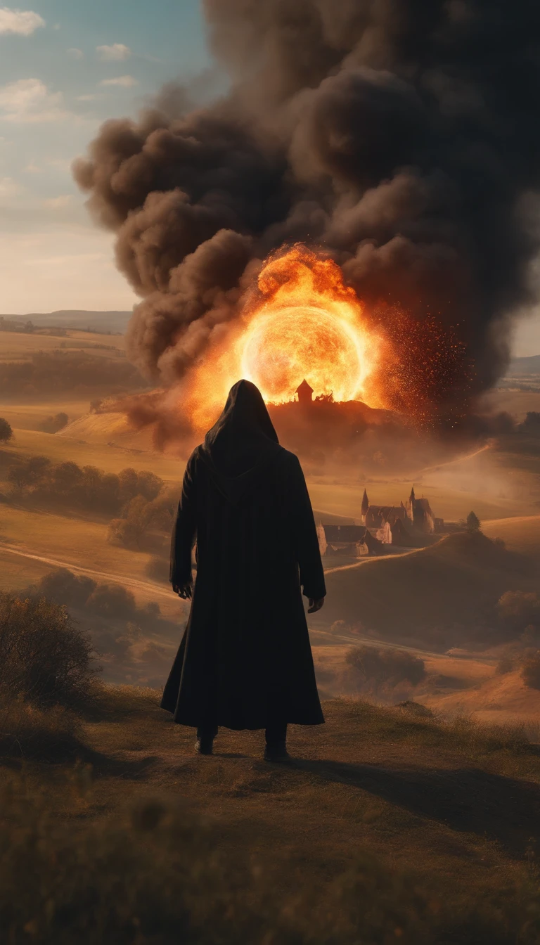 8k, close distance portrait, a male wizard with black clothes and grey short hair from behind, throwing a super massive huge fireball to a village in the distance from hill, with a burning village background the distance