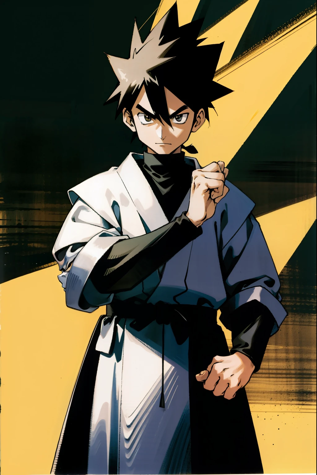 by Ken Sugimori, sugimori 1990s, ((only 1man)), samurai, full plate armor, breastplate, demon samurai mask, full face covered, samurai kabuto, mask, ((hands behind their back)), full black pupils, manga, best quality, highly detailed, clean lines, cowboy shot, good hands, good eyes, hd, 8k, professional, symmetrical, hires, 8k,