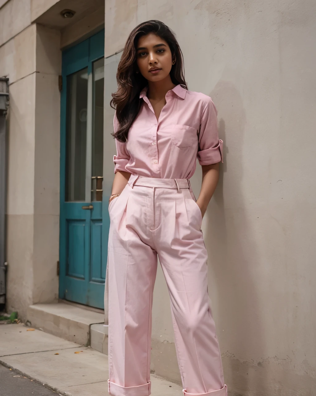 Tanvi in a pink button-down shirt tucked into a pair of high-waisted, wide-legged trousers. Realistic, best quality image.
