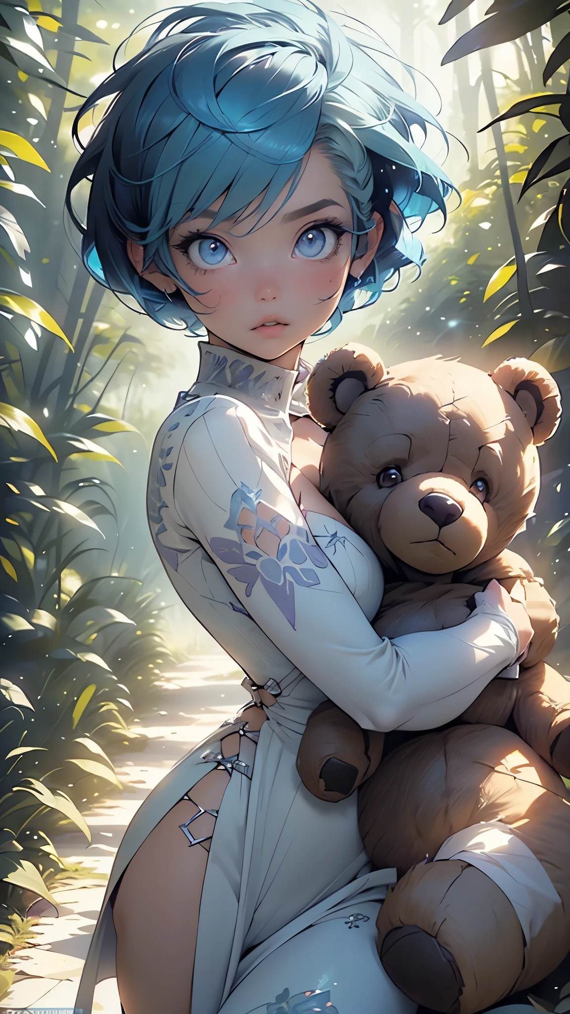 girl,1girl,((extremely cute and beautiful light blue haired girl)),((())),(large breasts:1.2),((((light blue hair:1.35,((short pixie cut Hair, undercut hair: 1.28),r),bright blue hair,iridescent colors blue and purple glowing colors,colored inner hair)))),((purple_eyes:1.5)),glowing eyes,intricate eyes,beautiful detailed eyes,symmetrical eyes,Big eyes:1.5,((fat)),(((lustrous skin:1.5,bright skin: 1.5,skin tanned,shiny skin,very shiny skin,shiny body,plastic glitter skin,exaggerated shiny skin,illuminated skin))),(spider lower abdomen,narrow waist,wide hip,athletic body,inflated legs,thick thighs,detailed body,(detailed face)),
cute,slutty,seductive,erotic,(nsfw),girlfriend, pretty,
zettai ryouiki,(wearing cozy pijamas:1.5,blue pijamas),blushing, shyness, clavicle, abs,(((Show cleavage))),(((light blue outfit, light blue clothes,intricate outfit,intricate clothes))),((magic dust particles around him:1.5,hug a teddy bear:1.5)),
(dynamic pose:1.0),drinking hot chocolate,(centered,scale to fit dimensions,Rule of thirds),
((pine forest)),scenery:1.25,((intricate scenery)),((forest background)),
(Glossy winter ornaments),highres,sharp focus,(ultra detailed,extremely detailed),(photorealistic artwork:1.37),(extremely detailed CG unity 8k wallpaper),(((vibrant colors,vibrant theme))),(intricate),(masterpiece),(best quality),artistic photography,(photography taken by sldr),(intricate background),perfect rendered face,perfect face details,realistic face,photo realistic,((intricate detail)),(((realism))),