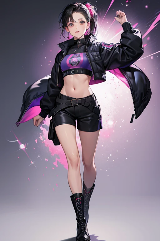  consists of a dark blue, midriff bearing puffer jacket with black cuffs and a black collar over a pink crop top with purple and red floral designs. With this, she wears white cargo shorts with a gray belt, and tan, calf-length boots with white laces. SPARKLE; GLITTER