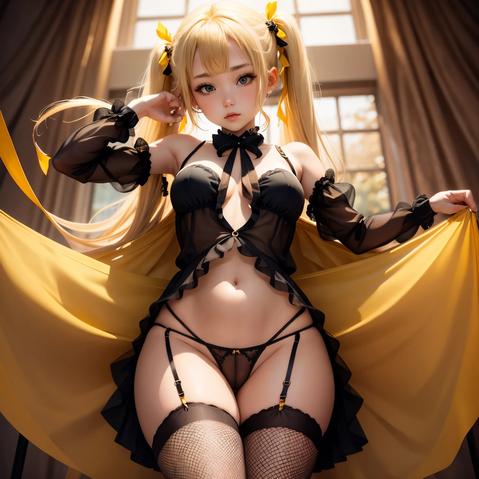 Blonde、Beautiful young woman、Twin tails、Yellow ribbon hair accessory、Underarm、Black fishnet stockings、Sheer clothing、Exposed skin、No underwear