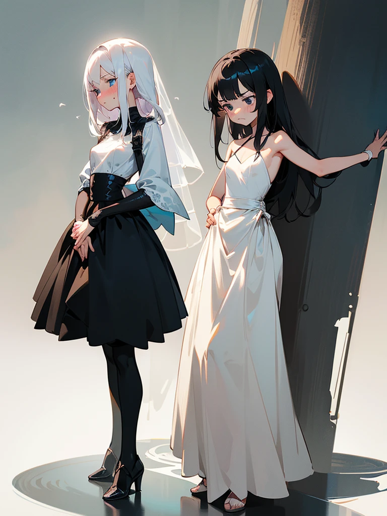 2girls, girl1:(white hair, short hair, blue eyes, shy, blush, small breasts), girl2:(black hair, black eyes, long hair, unhappy), wedding dresses, ballroom, masterpiece, beautiful face, detailed eyes, clean fingers, standing upright, detailed background, full body, standing upright