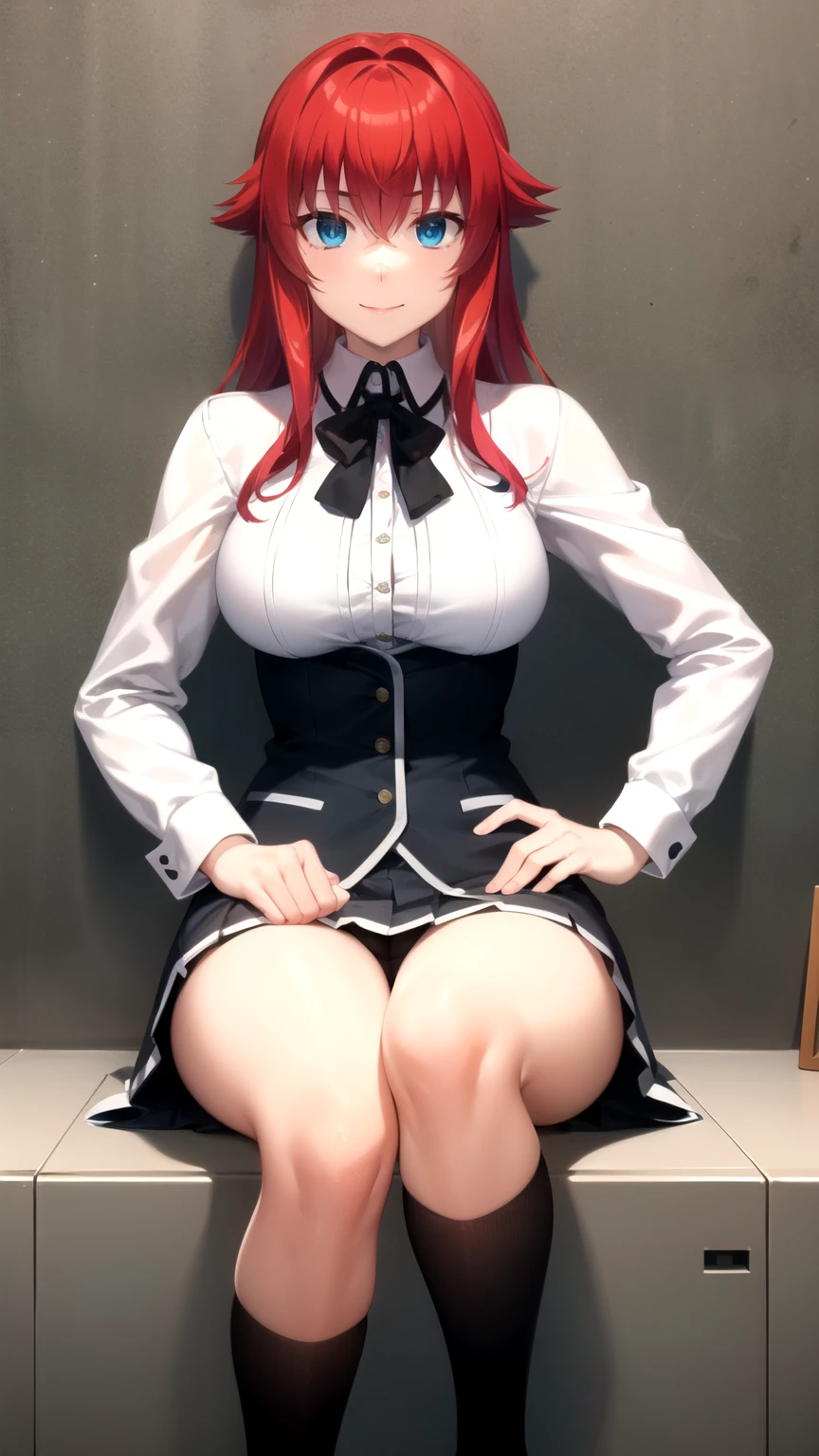 mejor calidad, Obra maestra, detallado,
riasgremory,
1 chica, boca cerrada, sonrisa, rubor,
cabello rojo, pelo largo, blue eyes, ahogo,
, camisa de rayas, cinta para el cuello, lazo negro, black corset, falda morada, pechos enormes,
de pie, mirando al espectador,
adentro, Castillo