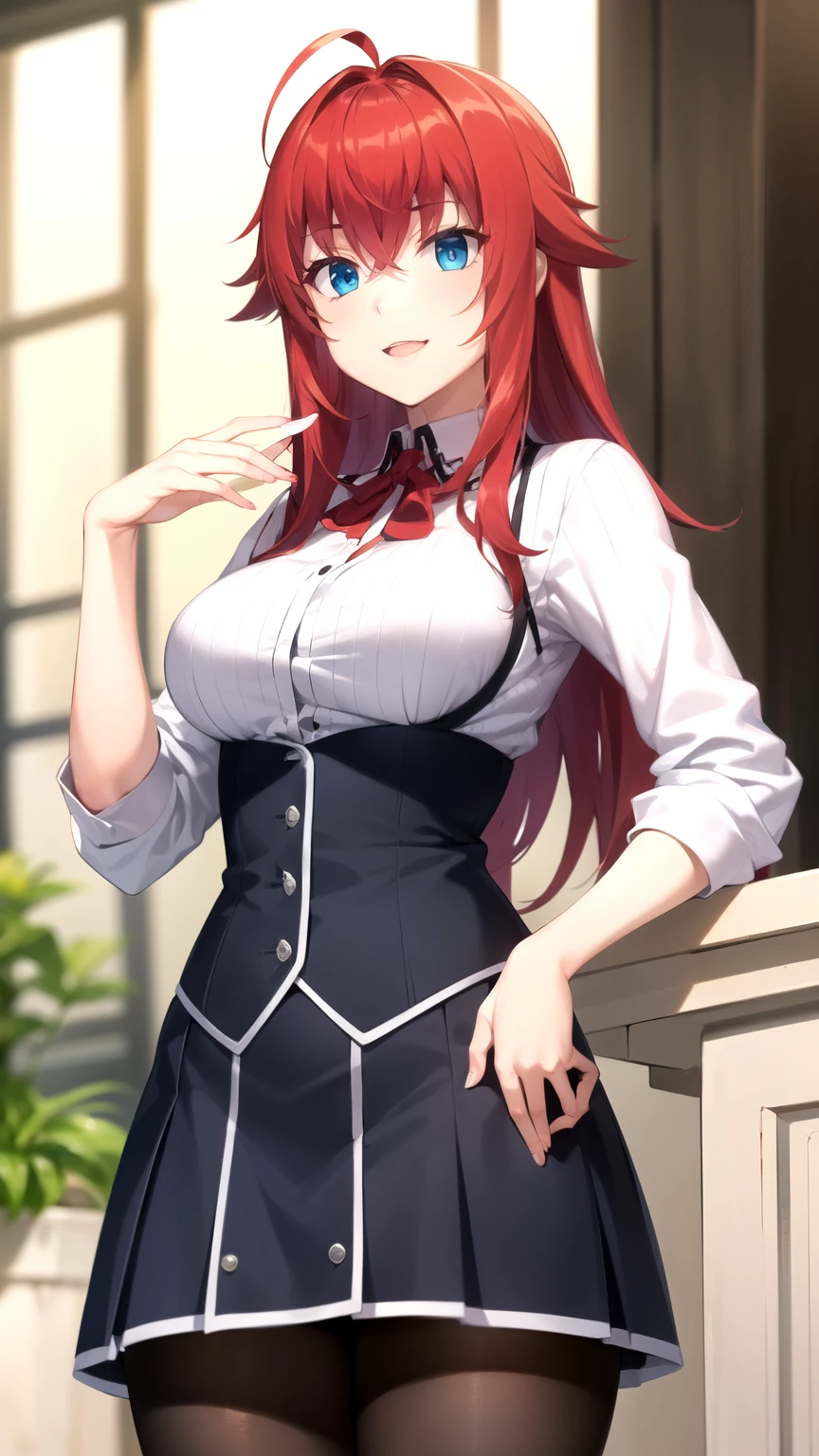 mejor calidad, Obra maestra, detallado,
riasgremory,
1 chica, boca cerrada, sonrisa, rubor,
cabello rojo, pelo largo, blue eyes, ahogo,
, camisa de rayas, cinta para el cuello, lazo negro, black corset, falda morada, pechos enormes,
de pie, mirando al espectador,
adentro, Castillo