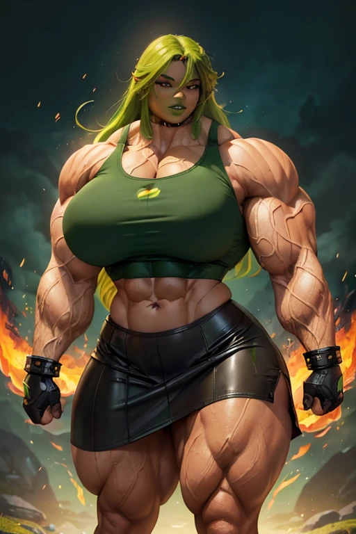 ((((Massive, beautiful, buff, light brown skinned, muscular woman with green hair, black lipstick, glowing red eyes, ginormous bulky muscles, and wearing a black leather sports bra with loose skirt)))), close view, massive muscles, massive biceps, hyper muscle triceps, (curvy long hair), orange eyes, (studded wristband), (loose skirt), high heels boots, (in a sea of green flames), surrounded by green fire, night, smirk, hyper muscles arms, hyper muscle legs, massive arms.