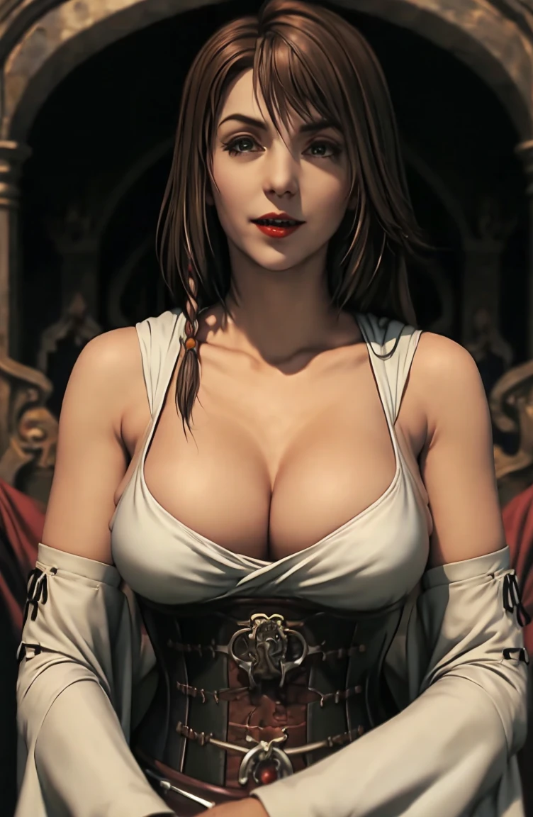 1 girl and dracula,yunaffx, deep cleavage, topless, large breasts, deep cleavage, corset, dracula holding her by shoulders