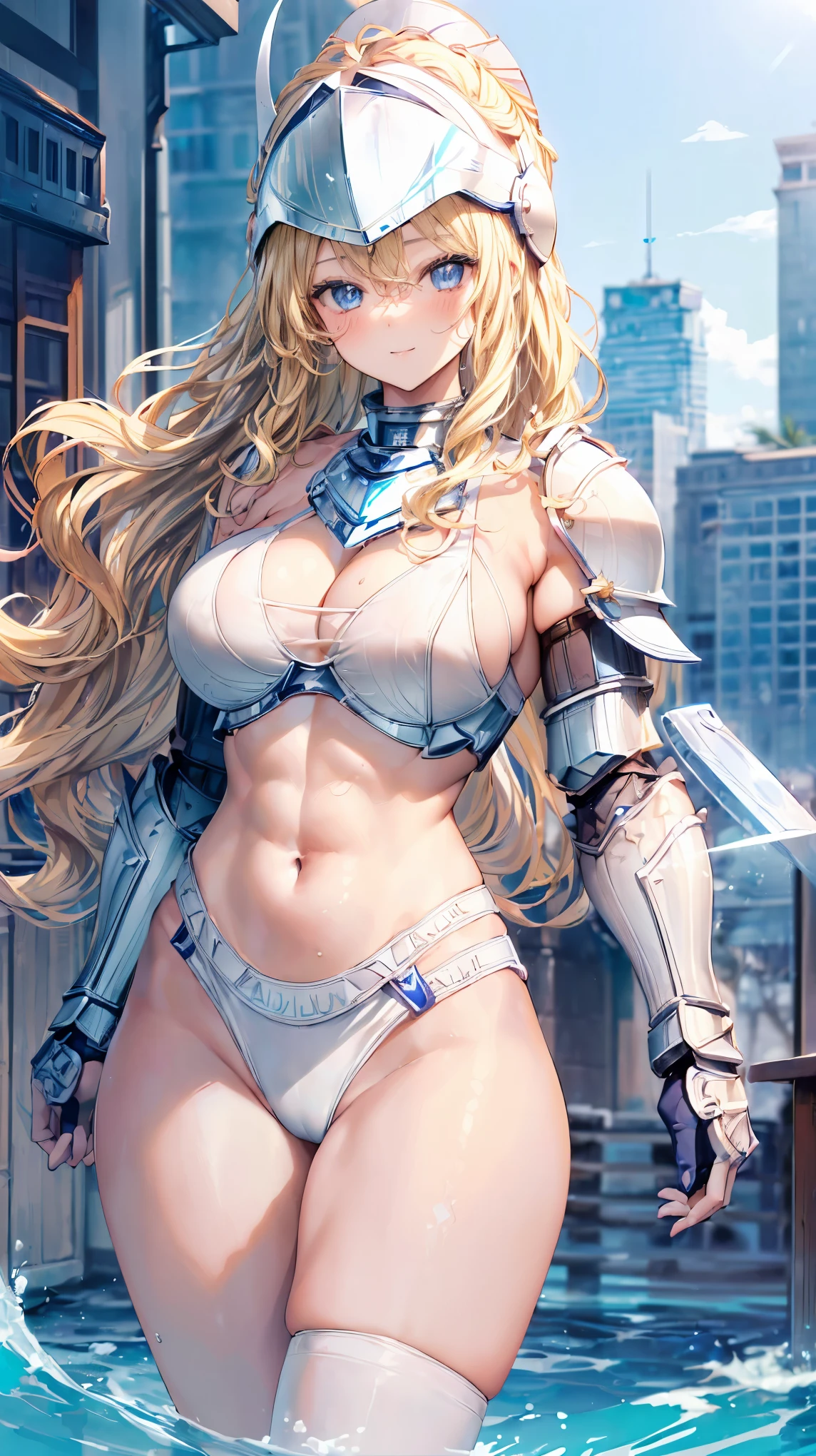 (Adult women:1.5)、Very detailed、highest quality、Best image quality、masterpiece、8k、Anime Face、A kind smile、Open your mouth、Sparkling blue eyes、(Blonde Wavy Hair:1.5)、、Muscles of the whole body、T-back thong、Thigh belt、(Wearing white bikini armor:1.5)、(Cowboy Shot:1.5)、(Leg armor:1.5)、(Wearing a helmet:1.5)