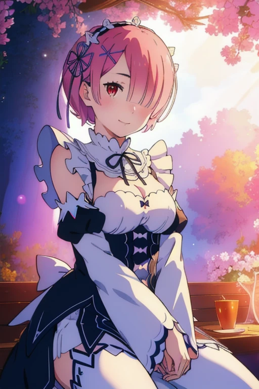 NSFW, nude, masterpiece, best quality, (colorful), (delicate eyes and face), volumetric light, ray tracing, extremely detailed CG unity 8k wallpaper, ramchi, hair over one eye, maid, purple ribbon, maid headdress, detached sleeves, looking at viewer, cowboy shot, smile, happy, sitting, from below, captivating pose